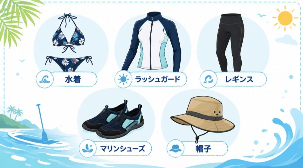 夏のSUPで用意したい水着、ラッシュガード、レギンス、マリンシューズ、帽子の基本服装