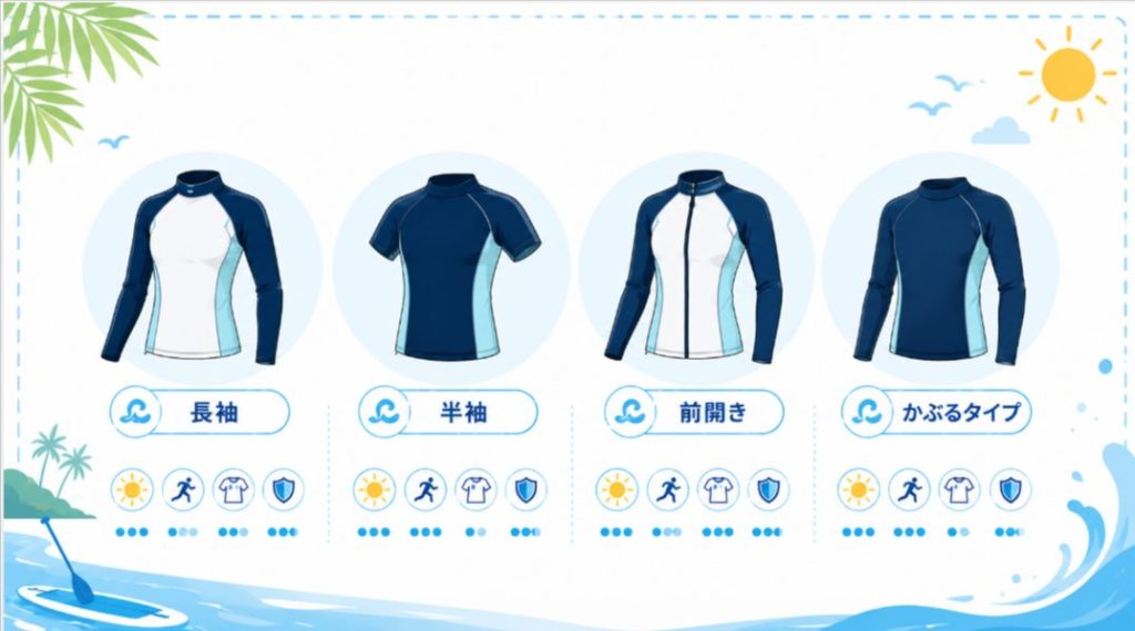SUPで使う長袖、半袖、前開き、かぶるタイプのラッシュガード比較