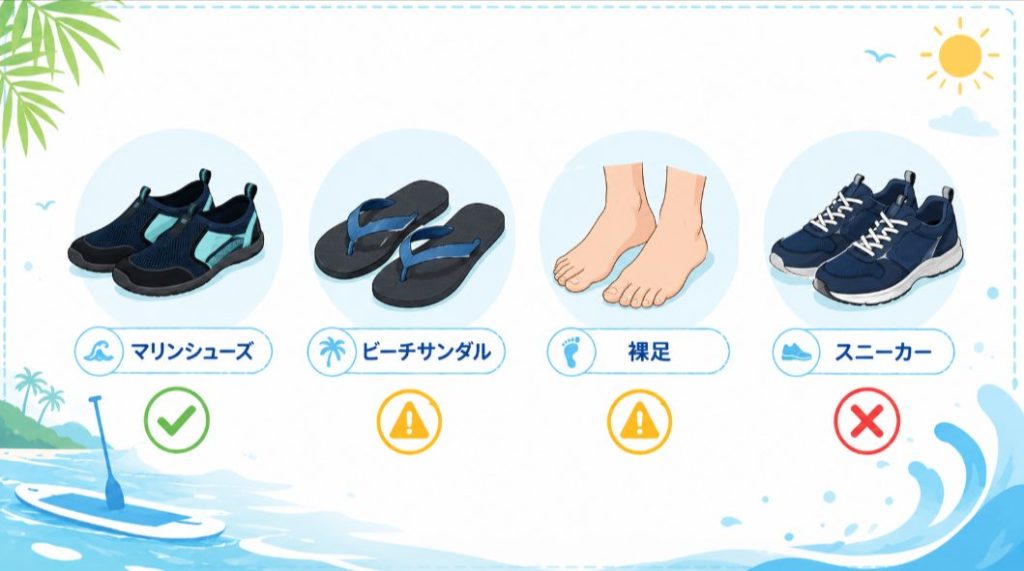 SUPの足元に使うマリンシューズ、ビーチサンダル、裸足、スニーカーの比較