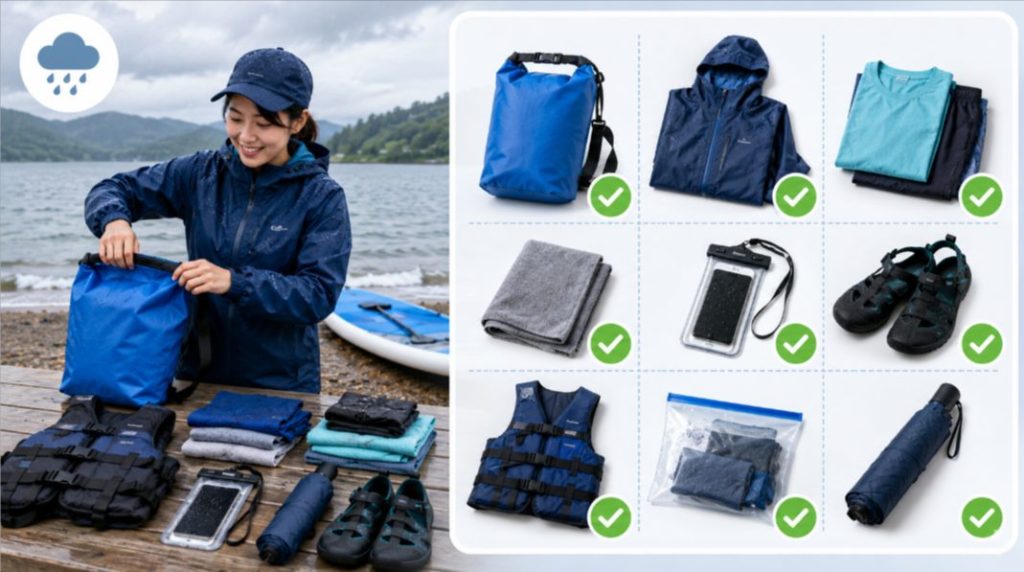 雨の日のSUPに持っていきたい防水バッグ、レインウェア、着替え、タオル、防水スマホケース、サンダルなどをまとめた持ち物チェックリスト