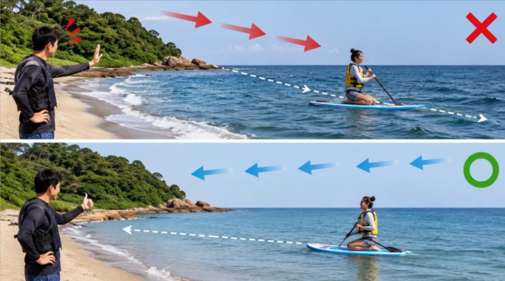 岸から沖へ流される風と、戻りやすい風向き