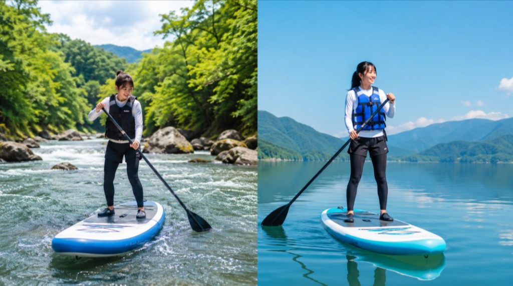 川SUPと湖SUPの流れと安全性を比較する図解