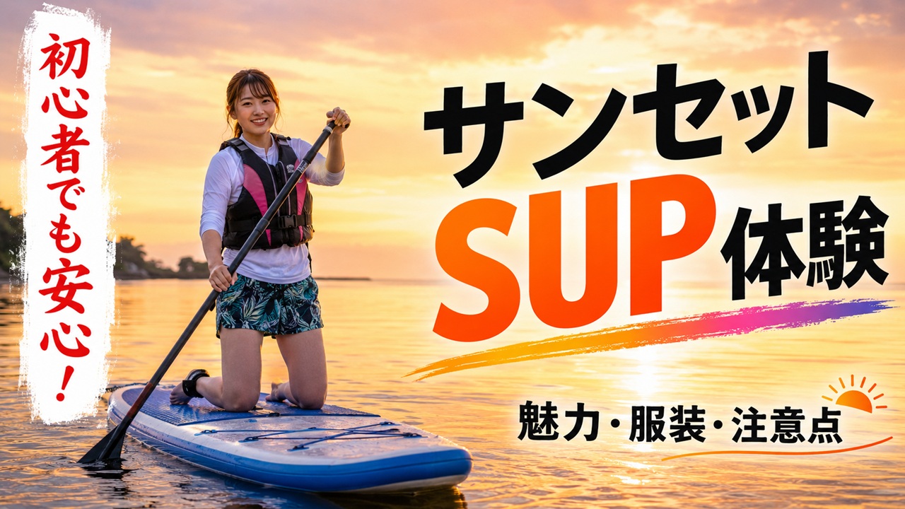 サンセットSUP体験の魅力と服装、注意点を伝えるサムネイル画像