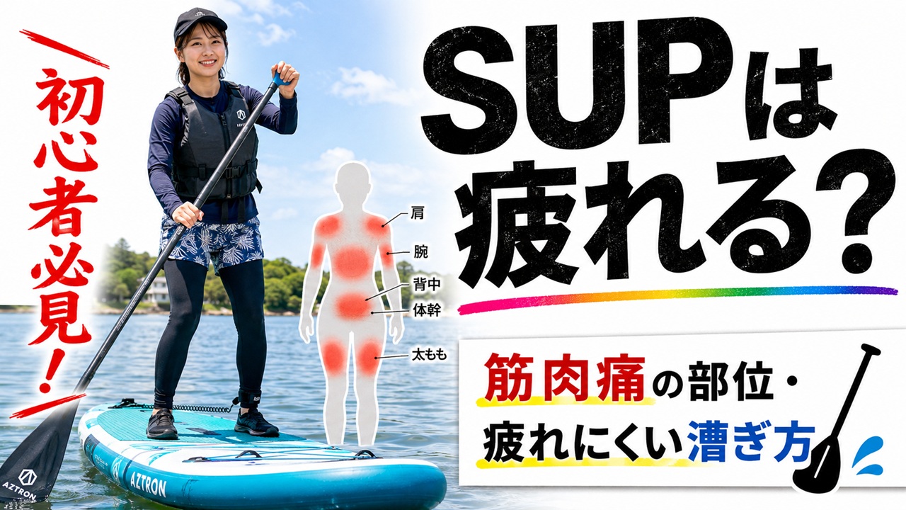 SUP初心者向けに、筋肉痛になりやすい肩・腕・背中・体幹・太ももと、疲れにくい漕ぎ方を紹介するアイキャッチ画像