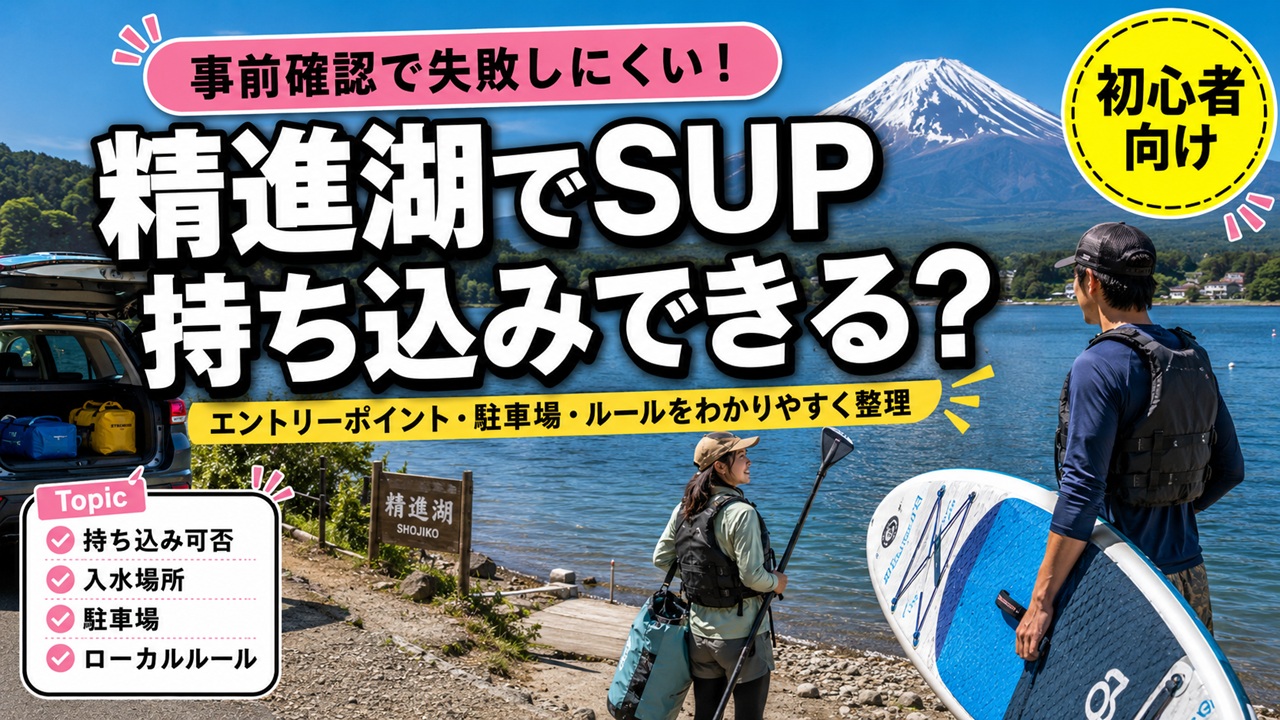 精進湖SUPの持ち込み可否、入水場所、駐車場、ルール確認を示したアイキャッチ画像