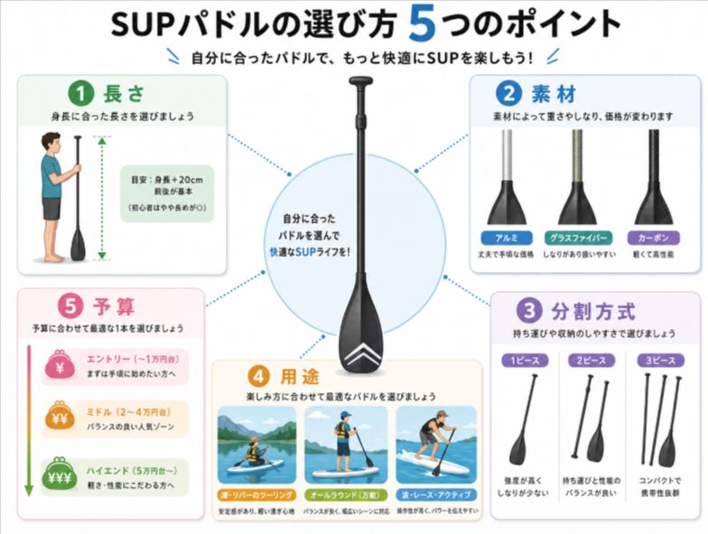SUPパドル選びで確認したい長さ、素材、分割方式、用途、予算の図解