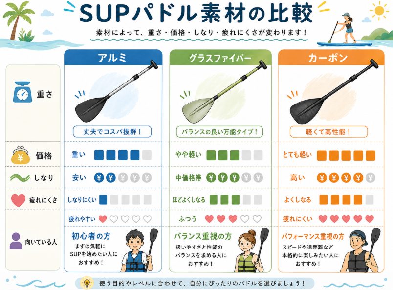 SUPパドルのアルミ、グラスファイバー、カーボン素材の違いを比較する図解