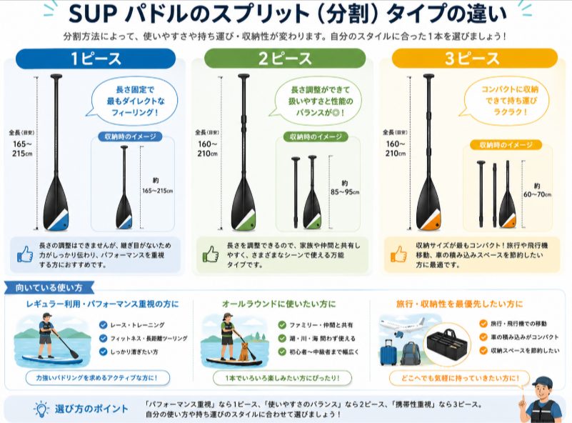 SUPパドルの1ピース、2ピース、3ピースの収納性と使い方の違い