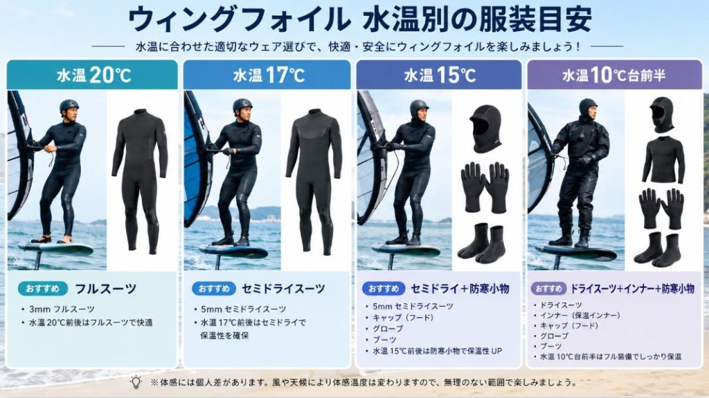 ウィングフォイルの水温別に適したフルスーツ、セミドライ、ドライスーツ、防寒小物を整理した図解