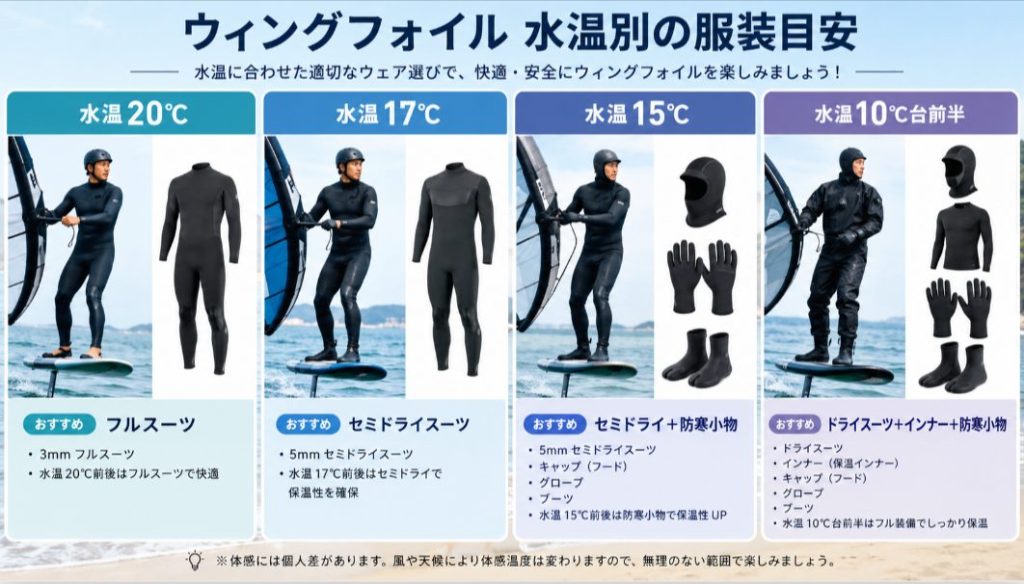 ウィングフォイル冬装備としてセミドライスーツとドライスーツの違いを比較する図解