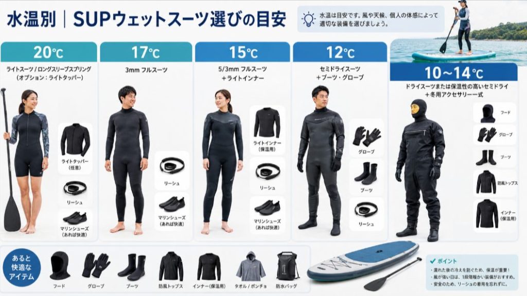 SUPの水温別に適したウェットスーツの厚みと防寒小物を整理した図解