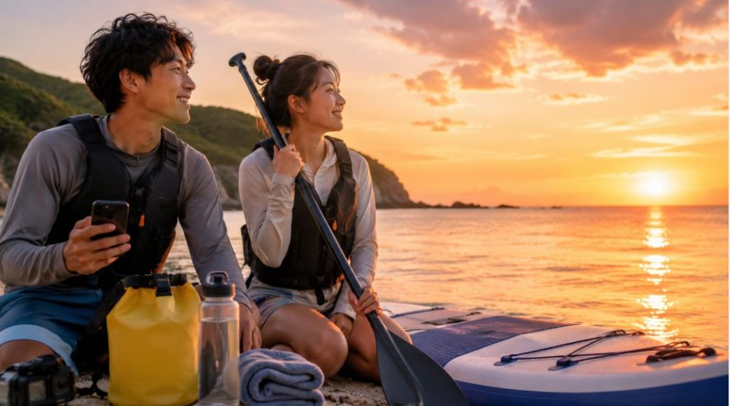 夕方の水辺でSUPを楽しむカップルと、服装・持ち物・撮影・日没確認の要点をまとめた図解