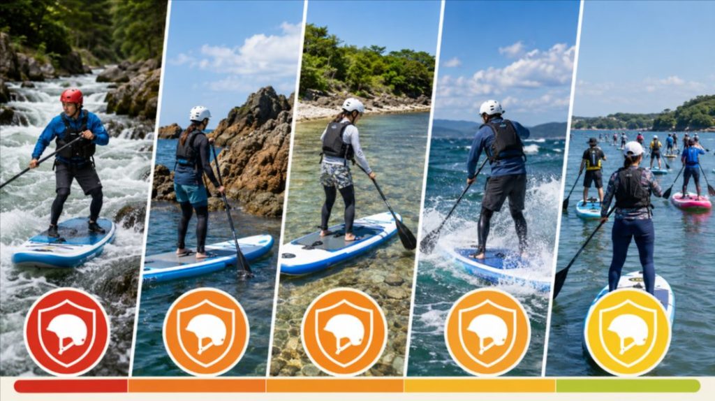 SUPでヘルメット着用を検討したい川SUP、岩場、浅瀬、強風時の図解