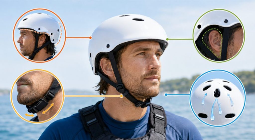 SUP用ヘルメットのサイズ、あご紐、耳まわり、水抜けを確認する図解