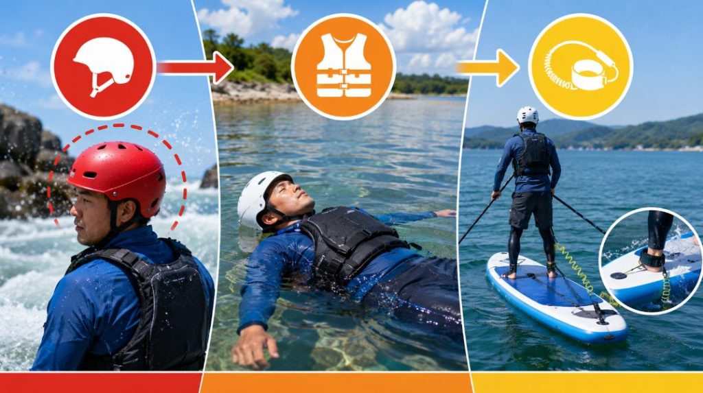 SUPのヘルメット、ライフジャケット、リーシュコードの役割を比較する図解