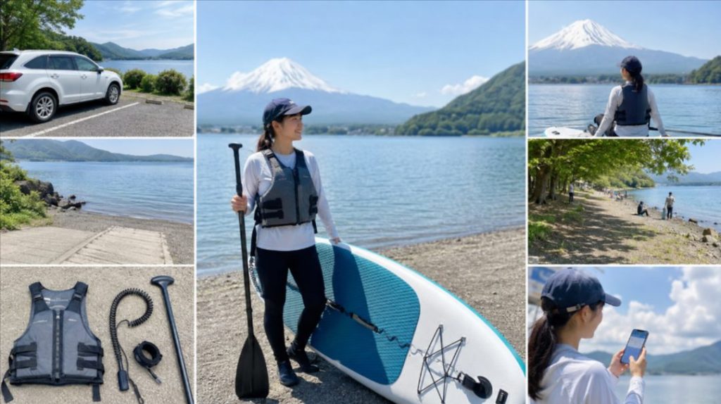 精進湖SUP持ち込み前に確認したいエントリー場所、駐車場、湖畔ルール、安全装備の図解