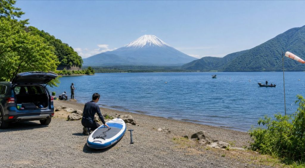 精進湖SUPのエントリーポイントを駐車場、湖畔状況、他利用者との距離で判断する図解