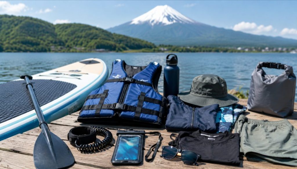 精進湖でマイSUPを持ち込むときに準備したいライフジャケット、リーシュコード、防水スマホの装備一覧