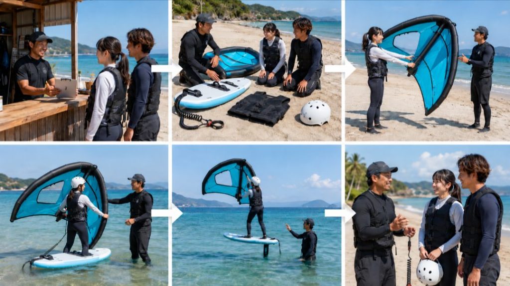 ウィングフォイル体験の受付から海上練習までの流れ