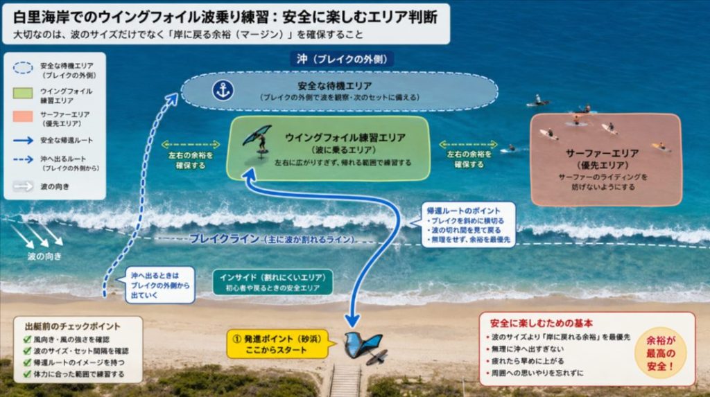 白里海岸でウィングフォイルの波乗り練習をする際のエリア判断図