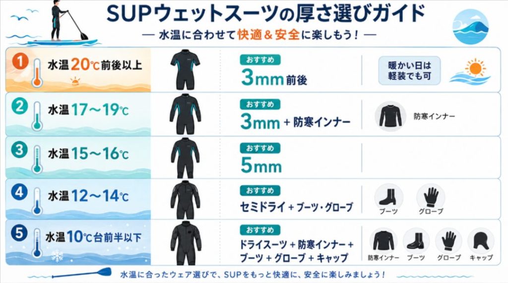 SUPウェットスーツの厚みを水温別に整理した図解