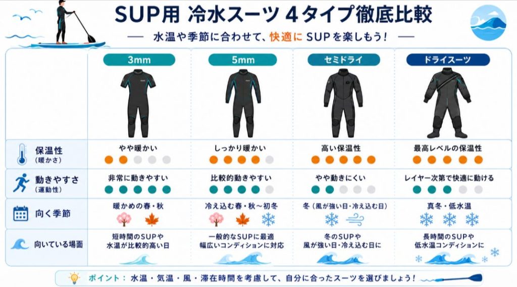 SUP用ウェットスーツの3mm、5mm、セミドライ、ドライスーツの違い