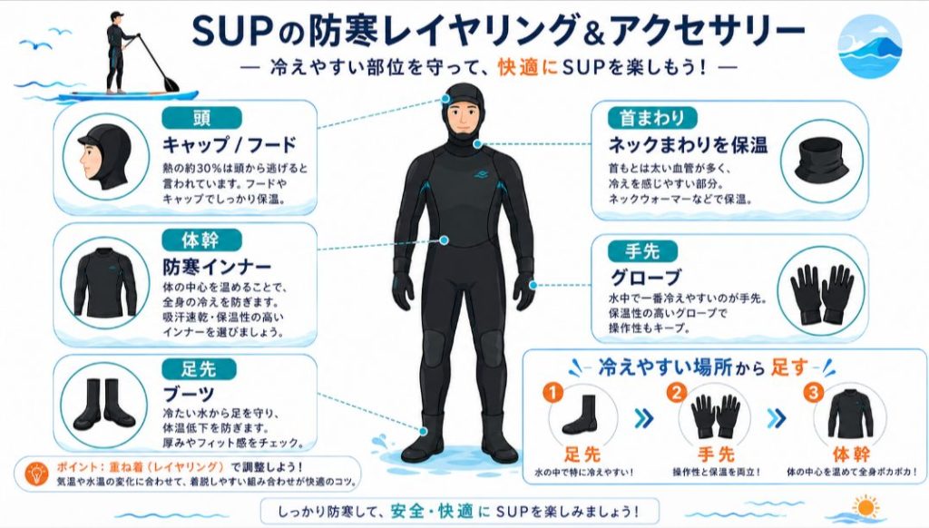 SUPの冬服装で防寒インナー、ブーツ、グローブ、キャップを組み合わせる図解
