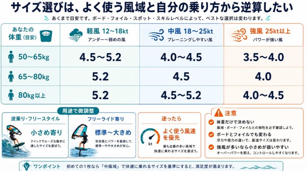 ENSIS SPIN 2025のサイズ選びを風域と用途別に示した早見表