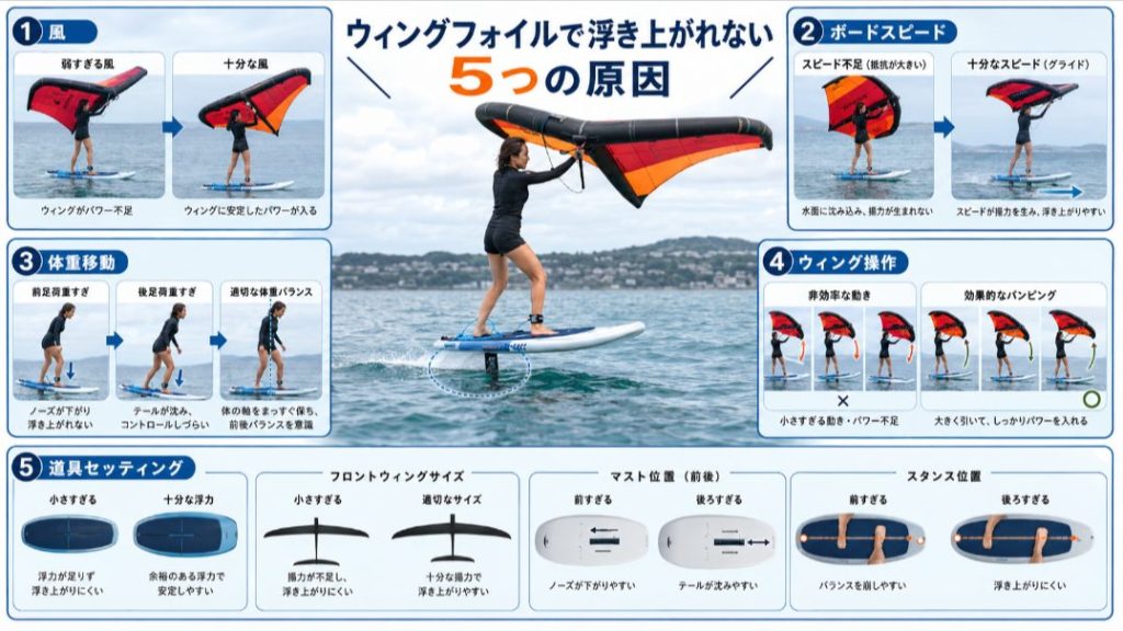 ウィングフォイルでポンピングしても浮かない原因を整理した図解