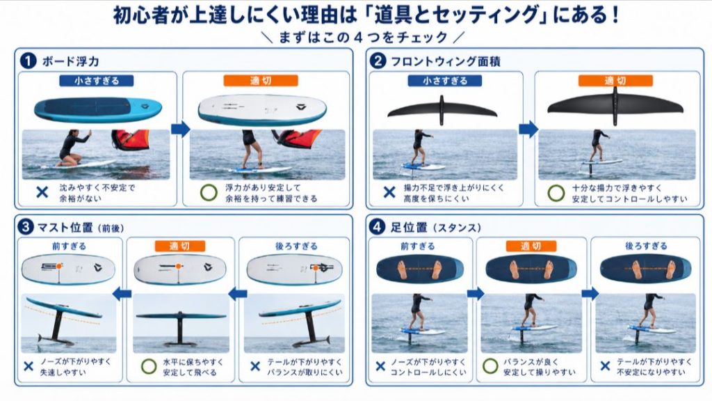 ウィングフォイルで浮き上がりに影響するボード浮力とフォイルセッティングの図解